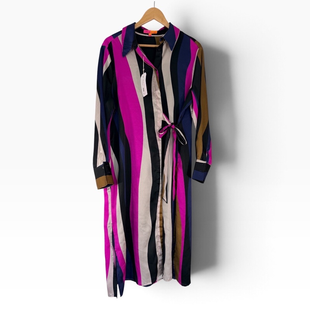 NWT Vilagallo Esther Striped Shirtdress US 16 Colorblock Geometric Midi Pnk Navy